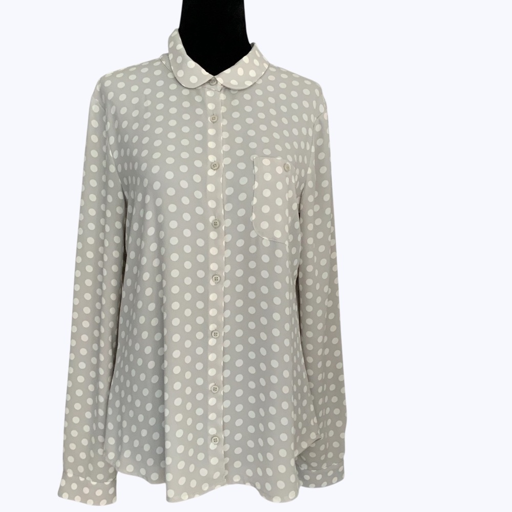 LOFT Grey White Polka Dot Silky Button Front Long Sleeve  Blouse SZ S